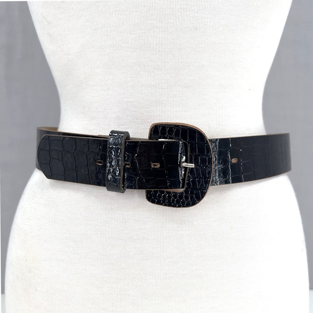 Womens S M Wide Belt Black Croc Embossed Patent Faux Leather 27-32in Statement